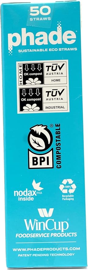 phade Eco-Friendly Sustainable Marine Biodegradable, Compostable 7.75" Jumbo Straws, Un-wrapped, PDQ 16 Box Count - 800 Count