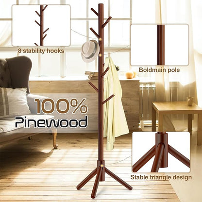 Solid Wooden Coat Rack Freestanding, New Zealand Pine Coat Tree with 8 Hooks & 3 Adjustable Sizes for Coats, Hats, Handbags and Scarves, Space Saving for Entryway/Office/Bedroom (Brown)