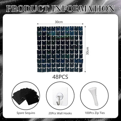 48 PCS Black Shimmer Wall Backdrop, Laser Square Sequin Photo Backdrops Panel, Glitter Wall Background for Birthdays, Weddings, Halloween, Engagements, Disco Bachelorette Party Decoration (6FTx8FT)