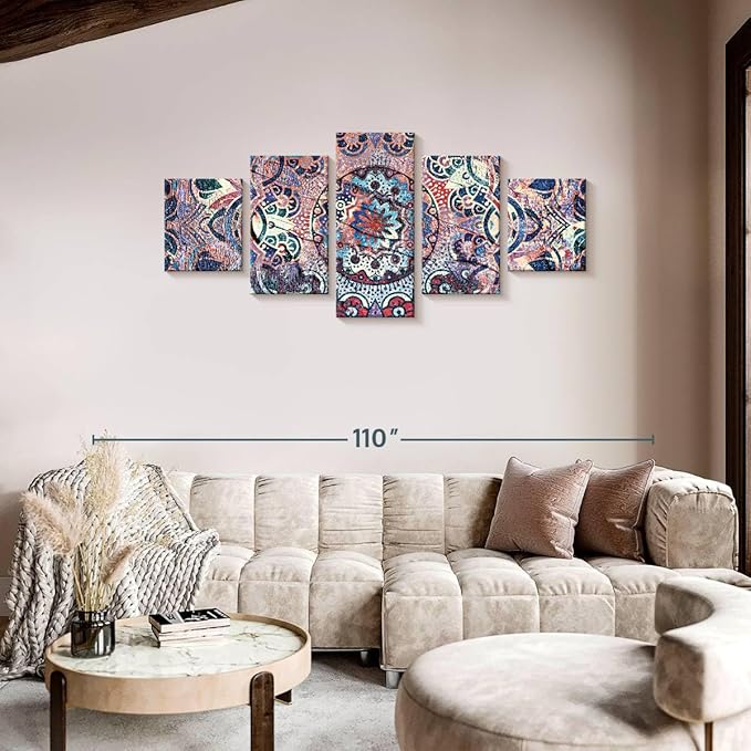 ElephantStock - Mandala Enchantment Wall Art - Horizontal Multi Panel Canvas - 5 Piece Living Room Wall Decor - Digital Art Elements Multi Piece Wall Art - Blue And Beige Decor - 80" x 36"