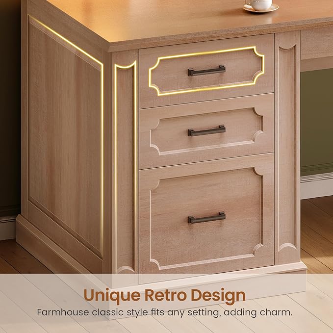SEDETA Farmhouse 70.9" Executive Desk, Home Office Desk with File Drawers and Storage Cabinet, Computer Desk with Power Outlet for Home Office, Work Study Writing, Natural Oak