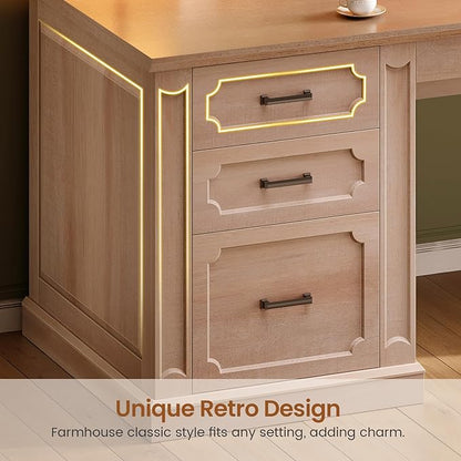 SEDETA Farmhouse 70.9" Executive Desk, Home Office Desk with File Drawers and Storage Cabinet, Computer Desk with Power Outlet for Home Office, Work Study Writing, Natural Oak
