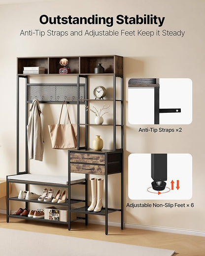 VEVOR Hall Tree with Bench and Shoe Storage, Entryway Bench with Coat Rack, 2 Drawers, 3 Storage Cubbies, 3 Open Shelves, Coat Hooks with Soft Cushion for Entryway, Hallway