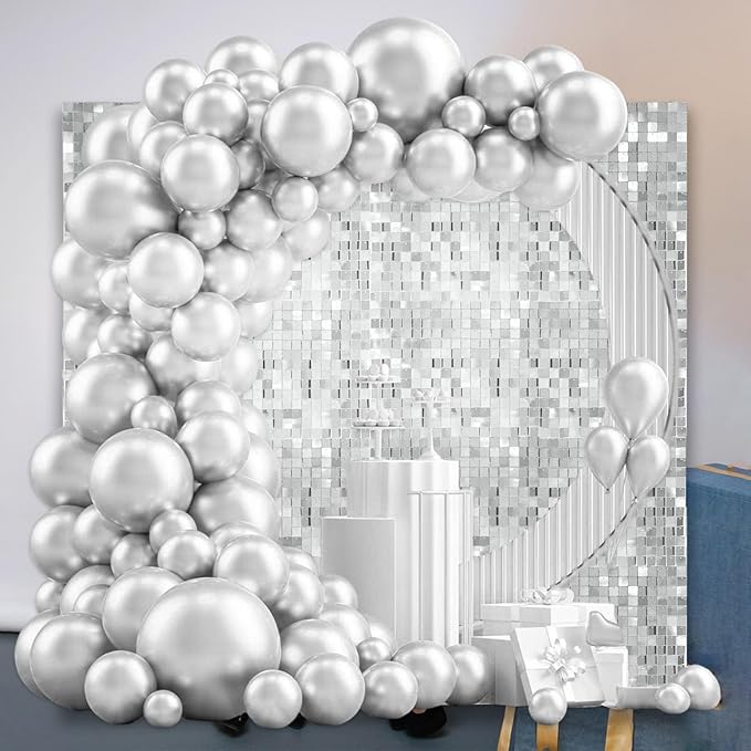48 PCS Silver Shimmer Wall Backdrop, Square Sequin Photo Backdrops Panel, Glitter Wall Background for Birthdays, Weddings, Christmas, Engagements, Disco Bachelorette Party Decoration (6FTx8FT)