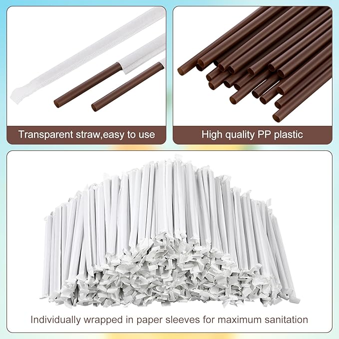 Hoolerry 2000 Pcs 8 Inch Plastic Straws Disposable Individually Wrapped Drinking Straight Long Straws, 0.24" Wide, for Hot and Cold Beverages (Coffee Color)