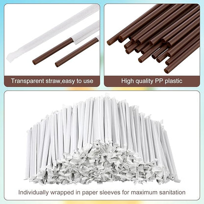Hoolerry 2000 Pcs 8 Inch Plastic Straws Disposable Individually Wrapped Drinking Straight Long Straws, 0.24" Wide, for Hot and Cold Beverages (Coffee Color)