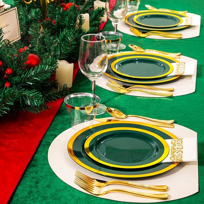 Liacere 175PCS Green Plastic Plates - Emerald Green Party Plates - Disposable Gold Plastic Plate include 50Plates, 25Knives, 25Forks, 25Spoons, 25Cups, 25Napkins for Football Party & Christmas