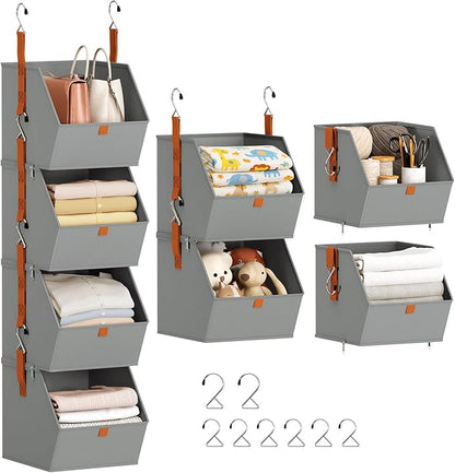 Hanging Closet Organizer 4 Tier - Clothes Hanging Shelves, Space-Saving Closet System, Fabric Storage Bins Bedroom Organization, Collapsible Baskets for Home, Dorm, Rv, Grey