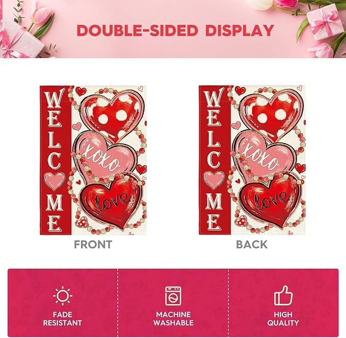AVOIN colorlife Love Hearts Valentines Day House Flag 28x40 Inch Double Sided Outside, XOXO Welcome Anniversary Yard Outdoor Flag