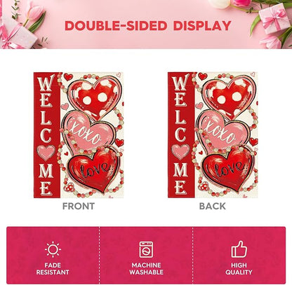 AVOIN colorlife Love Hearts Valentines Day House Flag 28x40 Inch Double Sided Outside, XOXO Welcome Anniversary Yard Outdoor Flag