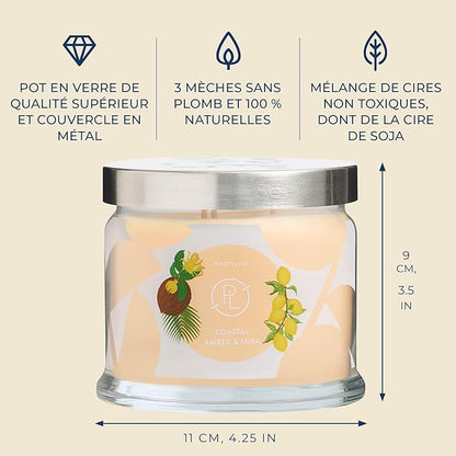 PartyLite Coastal Amber & Shea Scented, Notes of Ylang Flower, Citron, Sweet Coconut & Amber Creme, 13.2oz 3-Wick Jar Candle, 45 Hour Burn Time, Luxurious Fragrance, Ideal for Gifting