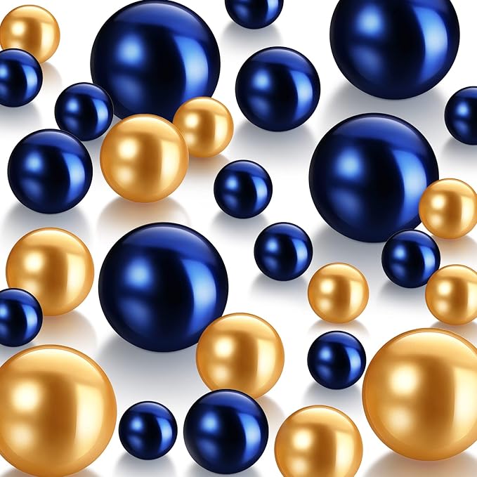 Hicarer 120 Pieces Pearl for Vase Filler Pearl Bead Vase Centerpieces Brush Holder Assorted Round Faux Bead for Crafting, Home Wedding Table Decor 14/20/30 mm(Navy Blue, Gold)