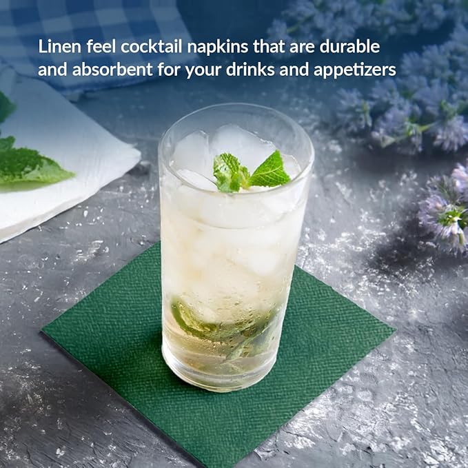 PAW - 100-Pack Disposable Linen-Feel Cocktail Napkins 4" x 4", Dark Green Premium Paper Desert Napkins for Parties, Events, Elegant Cloth-Like Beverage Napkins For Bars, Restaurants, Catereres
