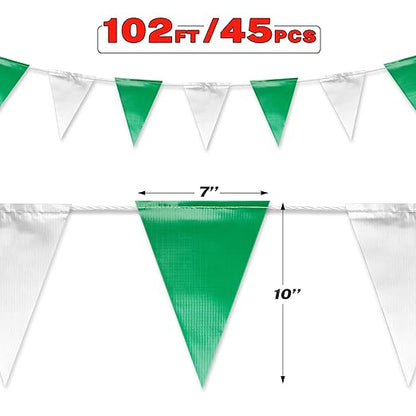 Green & White Pennant Banner Flags | OSHA 500lb Rated | Strand Fade Resistant 【102FT】