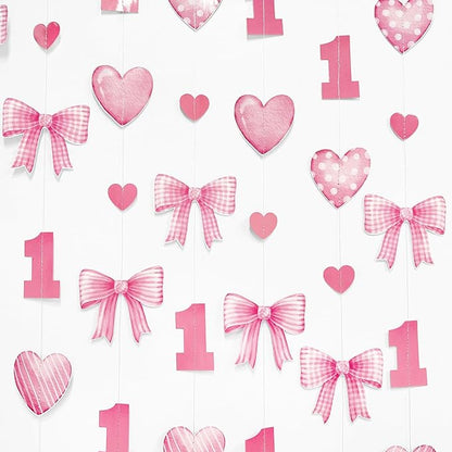 Pink Bow 1st Decorations Pink Plaid Twill Polka Dot Heart Bow Hanging Streamer Garland Banner for Happy First Birthday Girls Just Wanna be One Bday Decor 1st Anniversary Party Decorations Supplies