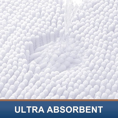 Smiry Luxury Chenille Bathroom Rugs 70x24, Extra Soft and Absorbent Shaggy Bath Mat, Machine Washable, Non-Slip Plush Carpet Runner for Tub, Shower, and Floor, Home Decor Accessories, White