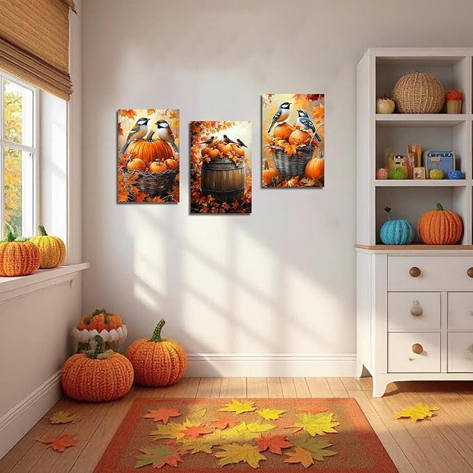 YMXDYMJSW Autumn Wall Art 3 Pieces Pumpkin with Sparrows Picture Prints Fall Harvest Birds Canvas Painting Thanksgiving Theme Artwork for Farmhouse Decor Frame (Yellow,11.00" x 14.00" x 3PCS)