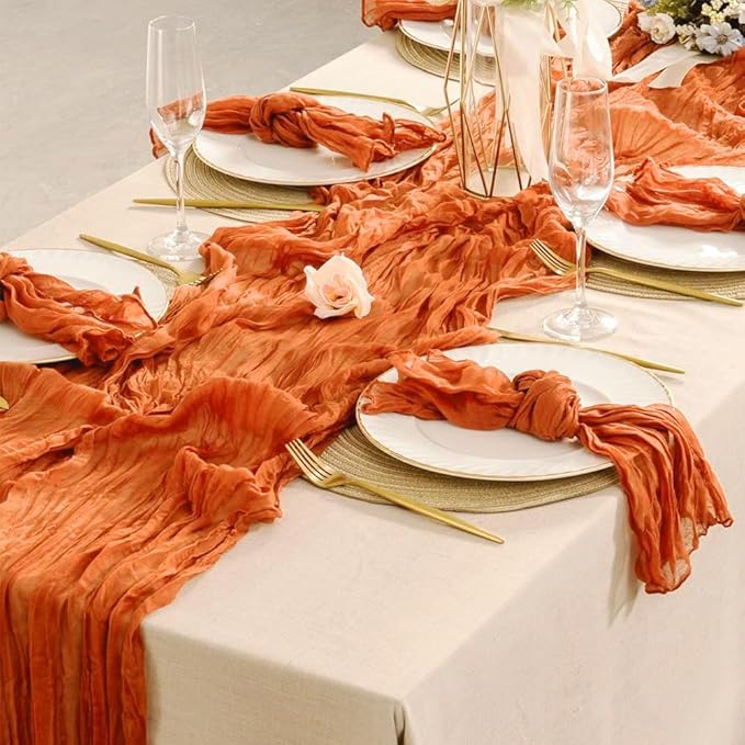 Orange Cheesecloth Table Runner 10FT Fall Thanksgiving Gauze Table Runner Cheesecloth Fabric Rustic Burnt Orange Cheese Cloth Runner Boho Sheer Table Cloth Runner for Birthday Wedding Banquet
