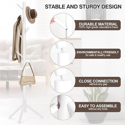 2 PCS Coat Rack, Freestanding Coat Rack with 8 Hooks and 3 Adjustable Size Tree Coat Racks for Bedroom, Hallway, Entrance, Office, for Hats, Coats, Scarves, Handbags