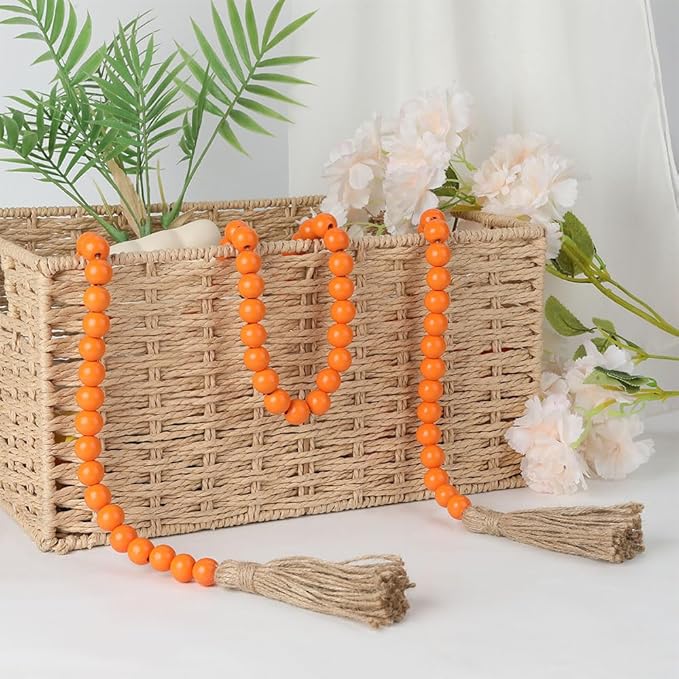 Wood Bead Garland 58 Inch Orange Wooden Beads for Boho Farmhouse Table Home Decor with Tassel, Wooden Prayer Bead, Rustic Country Boho Wall Hanging Decor for Kitchen Modern Living Room Tray Vase Shelf