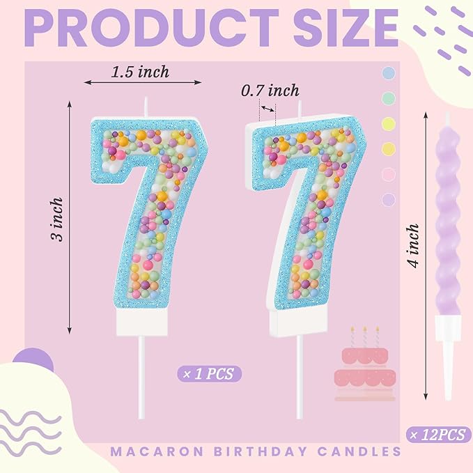 MTLEE Number 7 Birthday Candle Macaron Glitter 3D Number Candle with 12 Pcs Rainbow Spiral Candles in Holders for Girl Boy Cake Topper Wedding Anniversary Pastel Sweet Theme Party Decoration