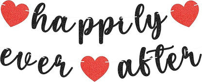Pre-Strung Happily Ever After Banner - Black Glitter Bachelorette Bridal Engagement Party Decoration Supplies, Bachelorette Wedding Party Banner for Engagement, Bridal Shower, Wedding Party Photo Booth Props