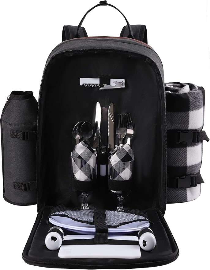 ALLCAMP OUTDOOR GEAR Picnic Backpack for 2 Person Set W/Detachable Bottle/Wine Holder, Fleece Blanket, Plates and Cutlery Set (Black)