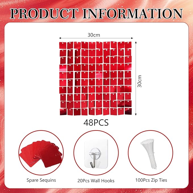 48 PCS Red Shimmer Wall Backdrop, Square Sequin Photo Backdrops Panel, Glitter Wall Background for Birthdays, Weddings, Christmas, Engagements, Disco Bachelorette Party Decoration (6FTx8FT)