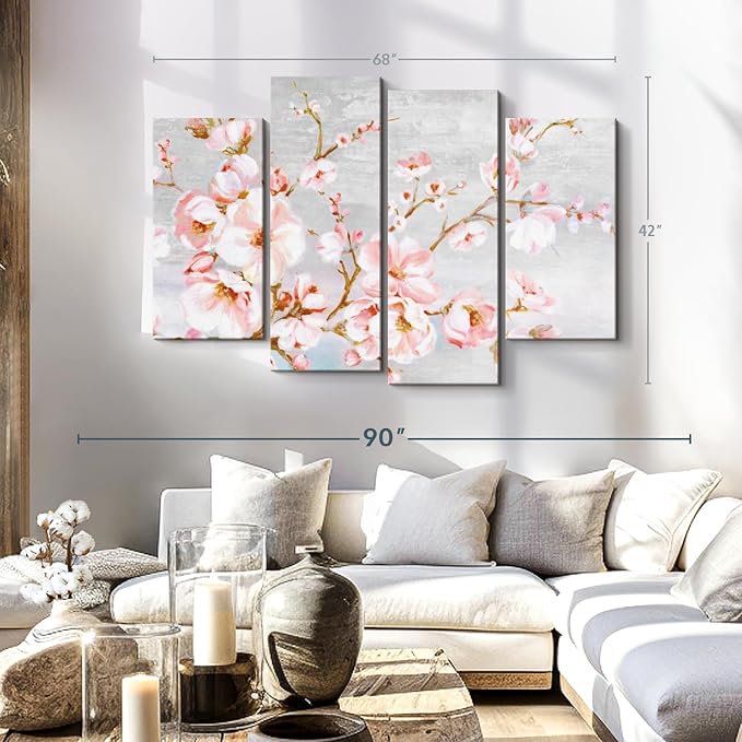 Elephant Stock Spring Cherry Blossoms Wall Art - Horizontal Canvas - 4-Piece Living Room Wall Decor - Painting Floral and Botanical Canvas Print - Pink and Brown Decor for Wall by Eva Watts - 68" X 42"
