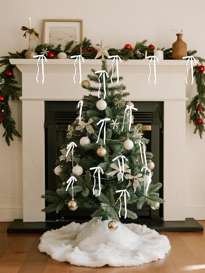 SIMISI RIBBON 24 Pcs White Velvet Christmas Tree Bows Door Garland Decor Vintage Wreath Bow (3/8'' Wide, 5 * 7 inch)