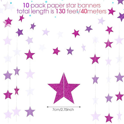 Patelai Glitter Star Garland Banner Christmas Decor 130 Feet Star Hanging Banner Twinkle Backdrop for Homecoming Classroom Wedding Birthday Halloween Party Supplies(Purple,White)