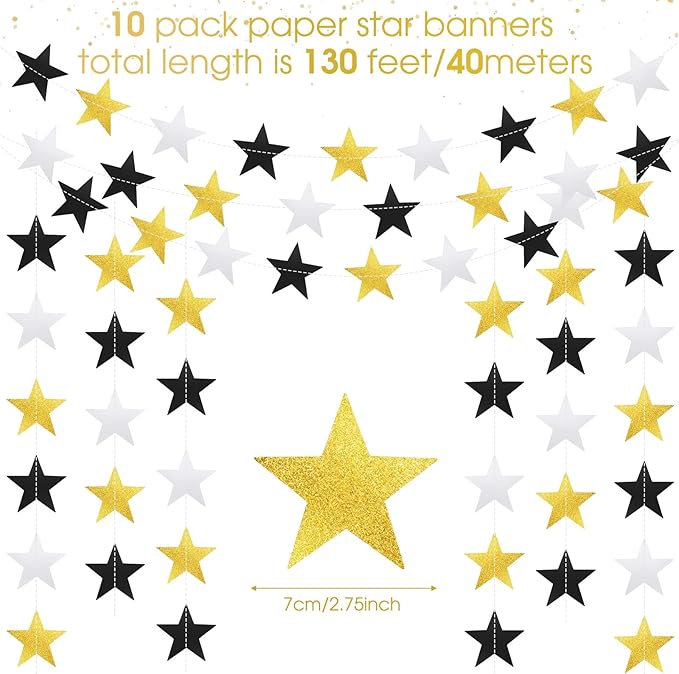 Patelai Glitter Star Garland Banner Christmas Decor 130 Feet Star Hanging Bunting Banner Twinkle Backdrop for Homecoming Classroom Wedding Birthday Halloween Party Supplies(Silver Gold Black)