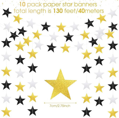 Patelai Glitter Star Garland Banner Christmas Decor 130 Feet Star Hanging Bunting Banner Twinkle Backdrop for Homecoming Classroom Wedding Birthday Halloween Party Supplies(Silver Gold Black)