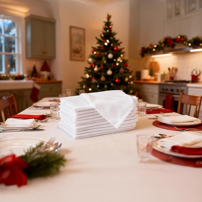 Encasa XO White Cloth Napkins Set of 12, 17"x17" | Solid Color Cotton Dinner Napkins | Washable & Reusable Napkins for Dining Table Fall Decoration, Holiday & Christmas Festivals