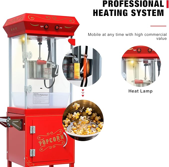 Vintage Theater Popcorn Machine with Cart - 8 Oz Commercial Kettle Makes 32 Cups, with Wheels & Warming Light for Home Theater, Parties & Office, Red