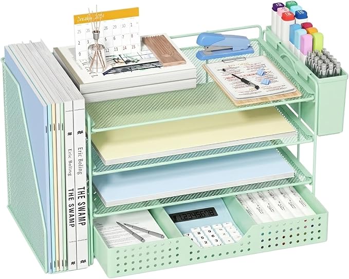 Desk Organizer, 4-Tier Paper Organizer Letter Tray with File Holder, Drawer and 2 Pen Holders, Desktop File Organizer for Office Supplies, Workspace Storage, Green