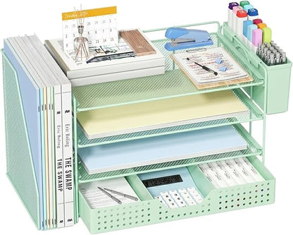 Desk Organizer, 4-Tier Paper Organizer Letter Tray with File Holder, Drawer and 2 Pen Holders, Desktop File Organizer for Office Supplies, Workspace Storage, Green