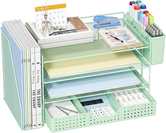 Desk Organizer, 4-Tier Paper Organizer Letter Tray with File Holder, Drawer and 2 Pen Holders, Desktop File Organizer for Office Supplies, Workspace Storage, Green