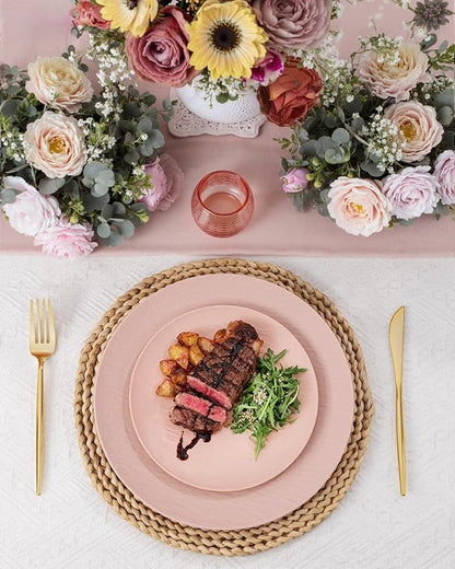 WONDERFUL 32pcs Pink Plastic Plates - Unbreakable and Reusable Pink Plates Dishwasher safe Dishes Set Includes:16 Dinner Plate 10" and 16 Dessert Plate 7.3" for Wedding Thanksgiving Christmas