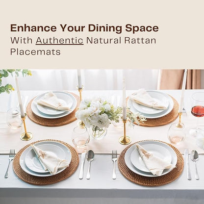 4-Pack Rattan Placemats - 13-inch Round Placemats (Honey Brown) - Woven Place Mats, Round Table Mats - Wicker Chargers for Dinner Plates, Plate Chargers Boho - Rattan Decor, Kitchen Table Decor