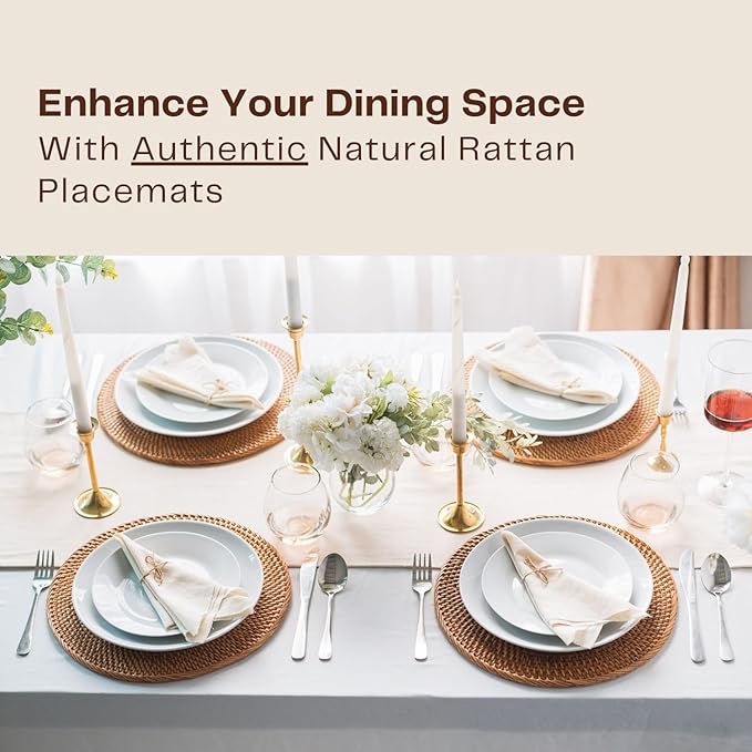 6-Pack Rattan Placemats - 13-inch Round Placemats (Honey Brown) - Woven Place Mats, Round Table Mats - Wicker Chargers for Dinner Plates, Plate Chargers Boho - Rattan Decor, Kitchen Table Decor