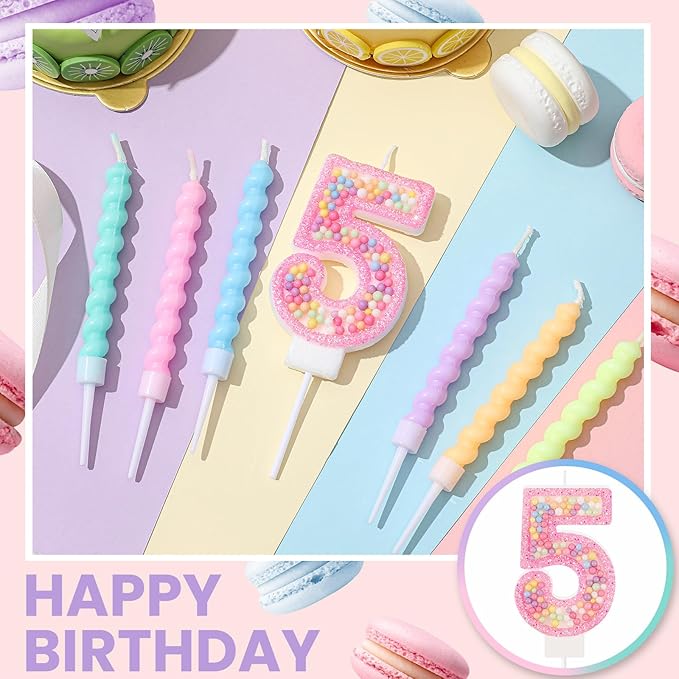 MTLEE Number 5 Birthday Candle with 12 Pcs Spiral Candles for Girls Macaron Pastel Rainbow Unicorn Pink Cake Topper for Sweet Theme Party Decoration