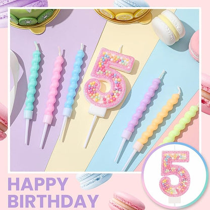 MTLEE Number 5 Birthday Candle with 12 Pcs Spiral Candles for Girls Macaron Pastel Rainbow Unicorn Pink Cake Topper for Sweet Theme Party Decoration