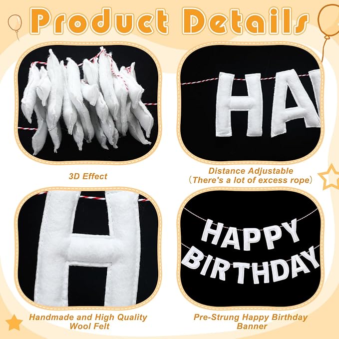 Felt Happy Birthday Garland Rainbow Banner Reusable Happy Birthday Sign Party Supply for Party Decor(White Color,Normal)