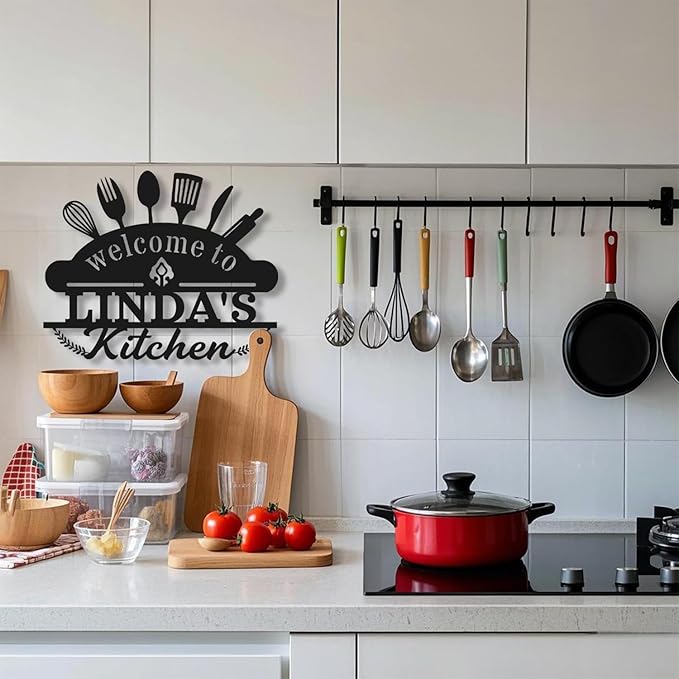 Personalized Kitchen Signs Wall Decor - Custom Metal Name Sign, Custom Kitchen Sign, Rustic Kitchen Decor Wall, Gift for Mothers Day, Mom, Grandma, Chef, Welcome to Linda's Kitchen