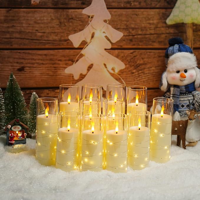 Flameless Candles with Embedded Star String - Battery Operated LED Candles, with Remote,12 Ivory Flickering Candles for Christmas, Weddings, Home Decor & Party,(D 2.3"×H 5" 6" 7")