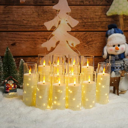 Flameless Candles with Embedded Star String - Battery Operated LED Candles, with Remote,12 Ivory Flickering Candles for Christmas, Weddings, Home Decor & Party,(D 2.3"×H 5" 6" 7")