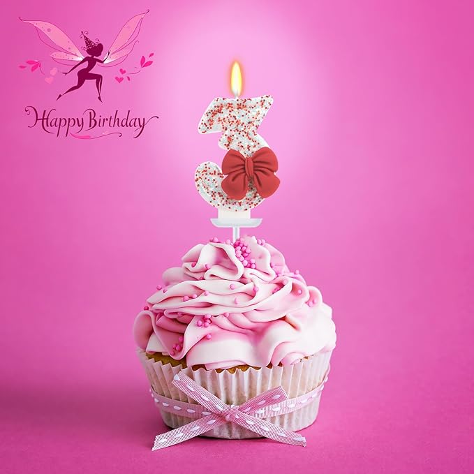Birthday Candle for Cake, Red Bow Number Candles, 2.76 inch Cake Topper Decoration for Birthday Party (Number 3)