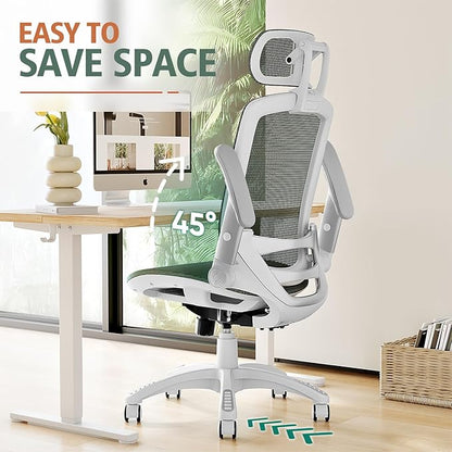 GABRYLLY Ergonomic Office Chair, High Back Home Desk Chair with Headrest, Flip-Up Arms, 90-120° Tilt Lock and Wide Cushion, 300LBS Mesh Chairs for Man Woman, White Task Chair(Olive Green,GY01WOG)