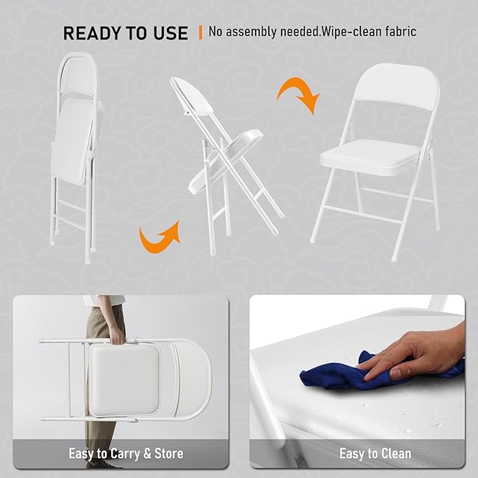 SEALAMB 10 Pack White Folding Chairs with Padded Seats & Cushion, Durable Metal Foldable Chairs for Wedding Party, Commercial Chairs for Office School Church Events, 330lb Capacity (White-PU, 10 Pack)